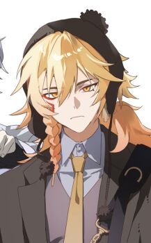 1boy black_hat black_jacket blonde_hair braid collared_shirt commentary_request facial_tattoo gradient_hair grey_vest hat honkai:_star_rail honkai_(series) jacket korean_commentary male_focus medium_hair multicolored_hair mydei_(honkai:_star_rail) necktie open_clothes open_jacket pitzconee red_hair red_tattoo shirt side_braid solo tattoo vest white_shirt yellow_eyes yellow_necktie