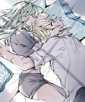 1boy 1girl black_shorts blonde_hair breasts closed_eyes commentary_request crop_top cuddling dimitri_alexandre_blaiddyd dimitri_alexandre_blaiddyd_(timeskip) female_byleth_(awakened)_(fire_emblem) female_byleth_(fire_emblem) fire_emblem fire_emblem:_three_houses green_hair hand_on_another's_head hetero highres lying medium_breasts medium_hair midriff nintendo official_alternate_hair_color on_back shorts sleeping zat_296