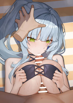 1boy 1girl absurdres bar_censor beach_towel bikini black_bikini breasts censored commentary_request cross-laced_bikini cross-laced_clothes disembodied_hand girls&#039;_frontline girls&#039;_frontline_2:_exilium green_eyes hand_on_another&#039;s_head hetero highres hk416_(girls&#039;_frontline) klukai_(cerulean_breaker)_(girls&#039;_frontline_2) klukai_(girls&#039;_frontline_2) large_breasts long_hair paid_reward_available paizuri penis ponytail ringobatake straddling_paizuri swimsuit teardrop_facial_mark towel