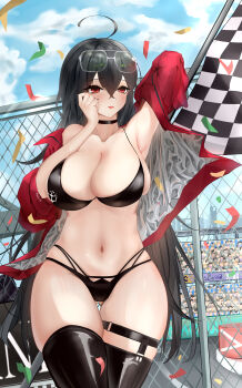 Rule 34 | 1girl, absurdres, ahigashi (3098644761), ahoge, azur lane, bare shoulders, bikini, black bikini, black choker, black hair, black thighhighs, breasts, checkered flag, choker, cleavage, collarbone, confetti, cowboy shot, eyewear on head, flag, hair between eyes, highres, jacket, large breasts, official alternate costume, open clothes, open jacket, outdoors, race queen, red eyes, red jacket, solo, sunglasses, swimsuit, taihou (azur lane), taihou (enraptured companion) (azur lane), thighhighs