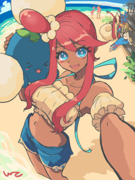 1boy 2girls bare_shoulders beach bikini bikini_under_clothes bikini_bottom_under_shorts bird blonde_hair blue_eyes blue_sarong blue_shorts blue_sky blush breasts brown_hair brown_hat closed_eyes collarbone crop_top cup cynthia_(pokemon) cynthia_(summer_2025)_(pokemon) denim denim_shorts e-co flamigo flamingo flower gen_2_pokemon gen_3_pokemon glass hair_ornament hair_over_one_eye hat hat_flower holding holding_cup jumpluff larry_(pokemon) larry_(special_costume)_(pokemon) long_hair looking_at_viewer midriff milotic multiple_girls navel nintendo ocean off-shoulder_shirt off_shoulder official_alternate_costume one_side_up open_mouth outdoors pink_shirt pokemon pokemon_(creature) pokemon_masters_ex red_hair sarong shirt shorts sidelocks sitting sky skyla_(pokemon) skyla_(summer_2025)_(pokemon) smile stairs sun_hat swimsuit tied_shirt very_long_hair water