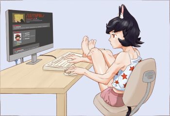 1girl alunya animal_ear_fluff animal_ears artist_request barefoot black_hair cat_ears cat_tail chair communism computer crop_top expressionless feet full_body holding imageboard indoors leftypol monitor orange_eyes pink_shorts short_hair shorts simple_background sitting solo star_(symbol) star_print tail tank_top toenails toes toned typing white_tank_top