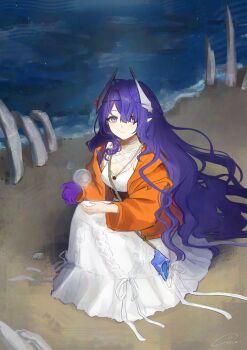 1girl absurdres arknights beach breasts choker cleavage commentary dress full_body hair_between_eyes highmore_(arknights) highmore_(stranded)_(arknights) highres hydrokinesis jacket k-yosinori long_hair long_sleeves magic medium_breasts official_alternate_costume open_clothes open_jacket orange_jacket outdoors purple_eyes purple_hair sitting solo water white_choker white_dress
