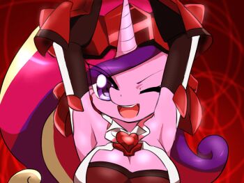 1girl animal_ears animification arms_up breasts cleavage commentary_request cosplay furry furry_female gem heart helmet horns horse_ears horse_girl long_hair multicolored_hair my_little_pony my_little_pony:_friendship_is_magic one_eye_closed open_mouth parody pink_fur princess_cadance purple_eyes senki_zesshou_symphogear single_horn smile solo takagaki_ayahi unicorn_girl unicorn_horn voice_actor_connection yajima_(kenson) yukine_chris yukine_chris_(cosplay)