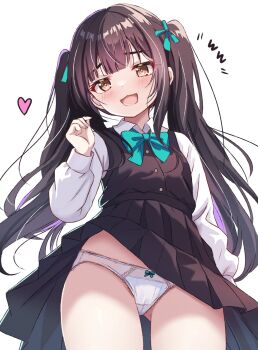 1girl :3 :d aqua_bow aqua_bowtie aqua_ribbon black_dress black_hair black_skirt blunt_bangs blush bow bow_panties bowtie clothes_lift collared_shirt commentary_request cowboy_shot dress from_below furrowed_brow gluteal_fold hair_ribbon hand_up head_tilt heart highres long_hair long_sleeves looking_at_viewer open_mouth original panties pantyshot pinafore_dress pleated_skirt ribbon sakura_mikan_(chirizakura) shirt sidelocks skirt skirt_lift sleeveless sleeveless_dress smile smug solo spoken_www teasing twintails underwear upskirt white_background white_panties white_shirt wing_collar yellow_eyes