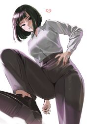 Rule 34 | 1girl, black footwear, black hair, breasts, cigarette, commentary request, from below, grey pants, hand on own hip, heart, holding, holding cigarette, indonesian commentary, large breasts, long sleeves, looking at viewer, nia (nia4294), original, pants, sharp teeth, shirt, shoes, short hair, sketch, smile, solo, teeth, uhi (nia), upper body, white background, white shirt