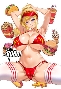 1girl adjusting_hair armpits arms_up bikini blonde_hair blue_eyes breasts burger cleavage commentary_request donut flag_print flag_print_bikini food french_fries grin groin halterneck high_ponytail hot_dog hozumi_kenji huge_breasts ice_cream large_breasts long_hair mcdonald's navel original pizza pizza_slice ponytail print_bikini red_bikini side-tie_bikini_bottom sitting smile spread_legs swimsuit taco thighhighs underboob visor_cap white_thighhighs