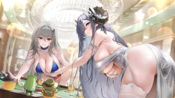 2girls ass august_von_parseval_(azur_lane) august_von_parseval_(night_rendezvous_with_the_unhulde)_(azur_lane) azur_lane bikini black_horns blue_bikini breasts card chandelier collarbone commentary_request curled_horns dress grey_dress grey_hair highres holding holding_card horns indoors lace lace-trimmed_thighhighs lace_trim large_breasts long_hair looking_at_viewer manjuu_(azur_lane) mole mole_on_collarbone mole_under_eye multiple_girls official_alternate_costume official_art parted_lips purple_eyes purple_hair red_eyes saint-louis_(azur_lane) saint-louis_(holiness_to_haziness)_(azur_lane) sideboob swimsuit thighhighs third-party_source underboob white_thighhighs