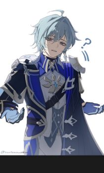 Rule 34 | 1boy, ?, armor, black coat, blue coat, blue hair, coat, collared shirt, commentary request, double-parted bangs, earrings, eyelashes, genshin impact, gloves, hair between eyes, highres, jewelry, lapels, lohen (genshin impact), long sleeves, looking to the side, male focus, mole, mole under eye, nontamewmew, open clothes, open coat, pauldrons, piercing, shirt, shoulder armor, sideways glance, simple background, single earring, solo, white background, wing collar