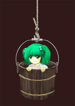 >:( 1girl angry blush_stickers bucket commentary_request furrowed_brow green_eyes green_hair hair_bobbles hair_ornament in_bucket in_container japanese_clothes kams kimono kisume touhou twintails v-shaped_eyebrows white_kimono wooden_bucket