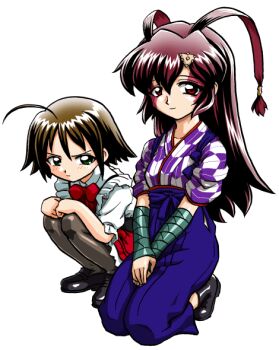 Rule 34 | 2girls, ahoge, antenna hair, bandabekken, bashamichi, black boots, black shoes, blue hakama, boots, bow, bowtie, bronze parrot, brown hair, chaosic rune, closed mouth, cummerbund, frilled shirt, frills, frown, green eyes, hair ornament, hakama, hakama pants, hands on lap, hands on own knees, japanese clothes, kimono, kneeling, kumari (chaosic rune), loafers, long hair, miniskirt, multiple girls, natsume kuran, own hands together, pants, pantyhose, purple kimono, red bow, red bowtie, red eyes, red hair, red skirt, shirt, shoes, short hair, simple background, skirt, smile, squatting, triangle hair ornament, v arms, waitress, white background, white shirt, yagasuri