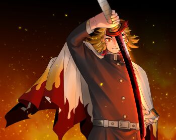 Rule 34 | 1boy, absurdres, blonde hair, cape, commentary, dakuonpu, demon slayer uniform, embers, fire, flame print, forked eyebrows, hashtag-only commentary, highres, holding, holding sword, holding weapon, kimetsu no yaiba, male focus, mismatched eyebrows, multicolored eyes, multicolored hair, orange eyes, red hair, rengoku kyoujurou, sheath, smile, solo, streaked hair, sword, two-tone eyes, two-tone hair, upper body, weapon, white cape, yellow eyes