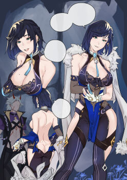 1boy 1girl arataki_itto ass asymmetrical_gloves back backless_bodysuit bare_shoulders bead_choker beads black_bra blue_hair bob_cut body_markings bodypaint bra breasts cleavage cleavage_cutout clothes_pull clothing_cutout coat colored_tips commentary diagonal_bangs dice elbow_gloves english_commentary faceless faceless_male feather-trimmed_jacket feather_collar fingerless_gloves from_behind fur-trimmed_jacket fur_trim genshin_impact gloves green_eyes highres hip_vent horns jacket jacket_on_shoulders large_breasts mismatched_gloves mole mole_on_breast multicolored_hair multiple_views neck_tassel oni red_horns shirt_pull short_hair single_elbow_glove sleeveless sleeveless_coat speech_bubble standing tassel tassel_choker topless_female underwear white_gloves yelan_(genshin_impact) yukimpoi