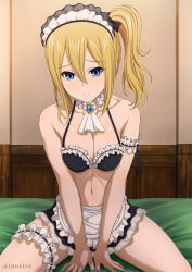 Rule 34 | 1girl, apron, between legs, bikini, black bikini, blonde hair, blue eyes, blush, breasts, choker, detached collar, frilled apron, frilled bikini, frilled choker, frilled thigh strap, frills, hand between legs, hayasaka ai, inoshira, kaguya-sama wa kokurasetai ~tensai-tachi no renai zunousen~, long hair, looking at viewer, maid, maid apron, maid bikini, maid headdress, medium breasts, navel, one-piece swimsuit, side ponytail, solo, swimsuit, thigh strap, unconventional maid, waist apron, white apron
