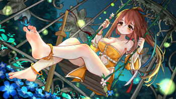 1girl absurdres anklet barefoot blue_butterfly blue_flower breasts brown_eyes brown_hair bug butterfly cleavage detached_sleeves dress fireflies flower flower_swing highres insect jewelry kourou_(kouroukun) large_breasts long_hair on_swing pelvic_curtain ponytail satsuki_rin sitting solo swing sword touhou weapon yellow_dress