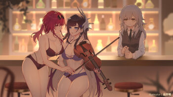 3girls alternate_costume artist_name bar_(place) bar_stool bare_shoulders bead_necklace beads black_hair black_necktie blue_eyes blurry blurry_background bow_(music) bra breasts chinese_commentary cleavage closed_mouth collared_shirt colored_inner_hair commentary_request earclip eye_contact eyewear_on_head glasses gradient_hair grey_hair grey_vest hair_ornament hand_on_another&#039;s_hand highres holding holding_bow_(music) holding_instrument holding_violin honkai:_star_rail honkai_(series) hysilens_(honkai:_star_rail) indoors instrument jewelry kafka_(honkai:_star_rail) large_breasts long_hair long_sleeves looking_at_another multicolored_hair multiple_girls nail_polish navel necklace necktie paid_reward_available panties parted_lips partial_commentary pince-nez ponytail purple_bra purple_eyes purple_hair purple_nails purple_panties round_eyewear scales shirt smile stelle_(honkai:_star_rail) stomach stool sunglasses thigh_strap trailblazer_(honkai:_star_rail) underwear very_long_hair vest violin white_shirt x_hair_ornament yellow_eyes yunkaiming yuri