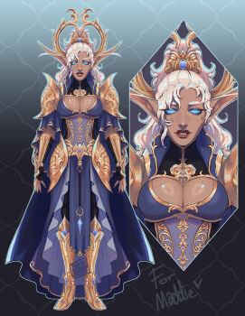 1girl armor blackberreh-art blonde_hair blue_eyes body_freckles boots breast_freckles breasts cleavage commentary commission corset dark-skinned_female dark_skin dress earrings elf english_commentary eyelashes face_piercing freckles half_updo highres horns jewelry labret_piercing lips long_eyebrows long_hair long_pointy_ears original pelvic_curtain piercing pointy_ears ponytail shoulder_armor skirt smile solo