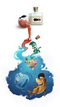 chuck_(help!_i'm_a_fish) cork fake_poster fish fly_(help!_i'm_a_fish) glasses hat help!_i'm_a_fish highres jellyfish open_mouth pink_skirt poster_(medium) potion pterosauridae sasha_(help!_i'm_a_fish) seahorse skirt starfish stella_(help!_i'm_a_fish) teeth upper_teeth_only