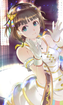 Rule 34 | 119, 1girl, amami haruka, bare shoulders, blue eyes, blunt bangs, breasts, brown hair, closed mouth, detached collar, dress, gloves, hair ornament, hands up, heart, heart hair ornament, highres, idol, idolmaster, idolmaster (classic), looking at viewer, mole, short hair, smile, solo, stage, stage lights, white dress, white gloves