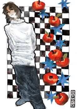 1boy apple black_pants brown_hair checkered_background food fruit furrowed_brow head_tilt highres liam_gallagher logo looking_at_viewer m1zaru_00 oasis_(band) pale_skin pants standing sweater white_sweater