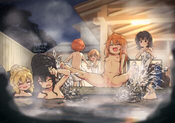 6+girls ^_^ akagi_miria artist_name ass back blurry blurry_foreground blush breasts cleft_of_venus closed_eyes commentary_request commission completely_nude covering_privates dated depth_of_field gojarun highres huge_hair_bun idolmaster idolmaster_cinderella_girls idolmaster_cinderella_girls_u149 koga_koharu loli matoba_risa median_furrow multiple_girls nipples nude nude_cover onsen partially_submerged pov pussy refraction ryuzaki_kaoru sakurai_momoka same-sex_bathing sasaki_chie shared_bathing sitting skeb_commission small_breasts smile splashing spread_legs steam tachibana_arisu twitter_username uncensored voyeur_pov voyeurism watermark wooden_wall yuuki_haru