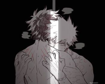 2boys absurdres bakugou_katsuki black_background blush boku_no_hero_academia crack_of_light dekudash fingernails greyscale hickey highres looking_at_viewer male_focus midoriya_izuku monochrome multiple_boys nude puff_of_air scar scar_on_arm scar_on_shoulder scratches scratching_back short_hair simple_background spiked_hair sweat twitter_username yaoi