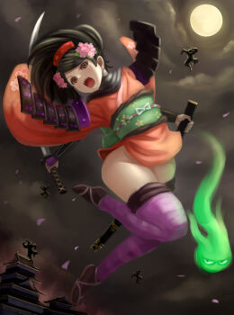 1girl architecture armor brown_eyes brown_hair cherry_blossoms chuppa_(katotsuba) cloud comb east_asian_architecture flower full_moon groin hair_flower hair_ornament hitodama holding holding_sword holding_weapon izuna_jinkuro japanese_armor japanese_clothes katana kimono momohime moon night ninja no_panties oboro_muramasa open_mouth outdoors purple_thighhighs scabbard sheath short_kimono shoulder_armor sode solo_focus striped_clothes striped_thighhighs sword thighhighs weapon