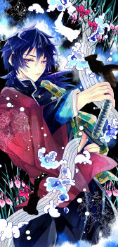 1boy absurdres belt black_hair black_jacket black_pants blue_eyes buttons commentary_request demon_slayer_uniform empty_eyes gold_buttons hair_between_eyes haori high_collar highres holding holding_sword holding_weapon io_io_io jacket japanese_clothes katana kikkoumon kimetsu_no_yaiba long_hair low_ponytail male_focus pants parted_lips ponytail print_haori red_haori solo spiked_hair standing sword tomioka_giyuu water weapon white_belt