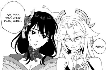 Rule 34 | 2girls, animal ears, braid, bridal gauntlets, commentary, detached sleeves, english commentary, fan hair ornament, floppy ears, fox, fox ears, genshin impact, highres, isayoun, japanese clothes, kimono, long braid, long hair, low-braided long hair, low-tied long hair, mitsudomoe (shape), mole, mole under eye, multiple girls, musou isshin (genshin impact), nagatekkou, nontraditional miko, obiage, obijime, pink hair, purple eyes, purple hair, purple kimono, purple nails, raiden shogun, tomoe (symbol), wide sleeves, yae miko, yuri