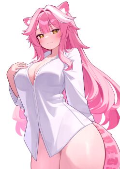 1girl absurdres alternate_costume animal_ear_fluff animal_ears breasts cleavage closed_mouth deaver hair_intakes highres hololive hololive_english korean_commentary large_breasts long_hair long_sleeves looking_at_viewer multicolored_hair naked_shirt panther_ears panther_girl panther_tail pink_hair raora_panthera shirt simple_background smile solo streaked_hair tail thick_thighs thighs two-tone_hair virtual_youtuber white_background white_hair white_shirt yellow_eyes