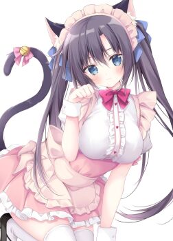Rule 34 | 1girl, :3, amairo chocolata, animal ear fluff, animal ears, apron, bell, black hair, black shoes, blue ribbon, blush, breasts, cabbage soft, cat ears, cat girl, cat tail, closed mouth, commentary request, dress, hair between eyes, hair ribbon, highres, korie riko, long hair, looking at viewer, maiba nana, maid, maid apron, maid headdress, medium breasts, paw pose, pink dress, ribbon, shoes, short sleeves, sidelocks, simple background, smile, solo, tail, tail bell, tail ornament, thighhighs, twintails, white background, white thighhighs, wrist cuffs