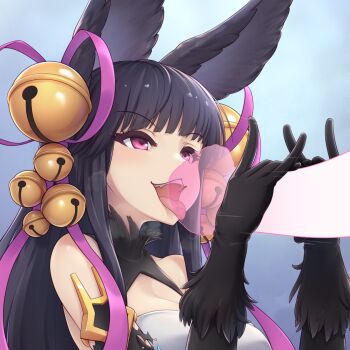 1boy 1girl akai_(riaakai) animal_ears animal_penis bare_shoulders bell bestiality black_gloves black_hair blue_background blunt_bangs blush breasts eyelashes fellatio gloves granblue_fantasy hair_bell hair_ornament handjob hands_up highres horse_penis huge_penis large_breasts licking licking_penis oral penis pink_eyes pink_ribbon ribbon sidelocks upper_body yuel_(granblue_fantasy)