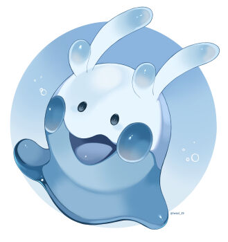 blue_background blue_eyes commentary_request full_body gen_6_pokemon goomy highres iwasi_29 nintendo no_humans open_mouth pokemon pokemon_(creature) pokemon_focus twitter_username