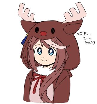 1girl absurdres animal_costume animal_hood blue_eyes brown_hair christmas closed_mouth commentary cropped_torso english_text fur_collar highres hood hood_up long_hair multicolored_hair regushi_salung reindeer_costume reindeer_hood smile solo streaked_hair tokai_teio_(umamusume) umamusume white_hair