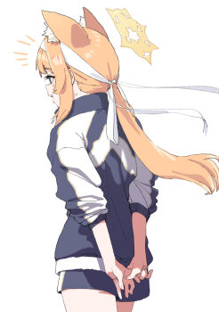 1girl :d animal_ear_fluff animal_ears arms_behind_back black_jacket black_shorts blonde_hair blue_archive blue_eyes blush cowboy_shot gym_shorts gz_(gzdteee) halo headband highres jacket long_hair low_ponytail mari_(blue_archive) mari_(track)_(blue_archive) notice_lines open_mouth ponytail shorts simple_background smile solo sweat track_jacket very_long_hair white_background white_headband
