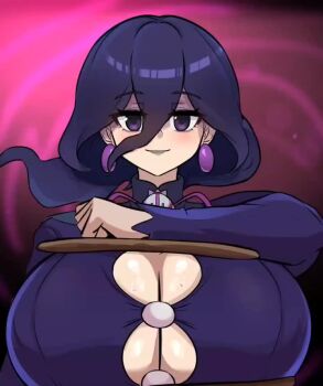 1girl animal_print animated bouncing_breasts breast_press breasts bursting_breasts cleavage cow_print earrings female_focus hair_between_eyes hex_maniac_(pokemon) hex_maniac_(pokemon_legends:_z-a) huge_breasts jewelry long_hair looking_at_viewer matching_hair/eyes miruyuyo nintendo pokemon pokemon_legends:_z-a purple_eyes purple_hair shioreos_(meme) solo sweat tagme upper_body video wardrobe_malfunction