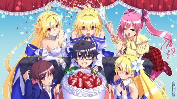 >_< 1boy 1girl 6+girls :d ahoge archetype_earth archetype_earth_(third_ascension) arcueid_brunestud arcueid_brunestud_(mooncancer) bare_shoulders black_eyes black_hair blue_bow blue_jacket blue_ribbon blue_skirt blush bow breasts brown_eyes brown_hair cake christmas cleavage commentary_request confetti couch dead_apostle_noel_(tsukihime) detached_sleeves dress facing_viewer fate/grand_order fate_(series) flower food glasses gloves gold_trim grin hair_between_eyes hair_bow hair_flower hair_intakes hair_ornament hands_on_another's_shoulders happy highres holding holding_plate huge_breasts jacket leaning_forward long_hair long_skirt looking_at_viewer melty_blood melty_blood:_type_lumina mole mole_under_mouth multiple_girls multiple_persona noel_(tsukihime) official_alternate_costume okuribi open_mouth pantyhose party party_popper pink_hair pink_pantyhose plate purple_bow red_eyes red_skirt ribbon scrunchie shirt short_hair sidelocks skirt smile tohno_shiki tsukihime tsukihime_(remake) twintails very_long_hair white_dress white_gloves white_shirt