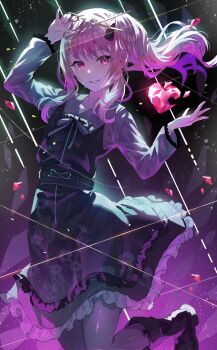 1girl 25-ji_nightcord_de._(project_sekai) akiyama_mizuki belt black_footwear blurry blurry_foreground boots bow bowtie dark_background floating_hair flower glowing heart highres holding light_particles light_rays light_smile looking_at_viewer pink_hair project_sekai scissors shards shirushi_06 solo_focus string teardrop