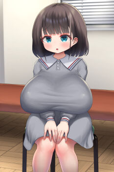 1girl ayawasuca black_hair blue_eyes blunt_bangs blush bob_cut breasts brown_hair dress feet_out_of_frame grey_dress hands_on_lap highres huge_breasts impossible_clothes indoors medium_hair open_mouth oppai_loli short_hair sitting solo stool window_blinds