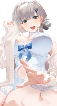 1girl :d absurdres babydoll blue_babydoll blue_choker blue_shorts blunt_bangs breasts cardigan choker cleavage commentary_request frilled_thigh_strap front_slit green_eyes grey_hair hair_ornament hair_rings hairclip hand_up highres hololive kizawayoh lap_pillow_invitation large_breasts looking_at_viewer medium_hair navel official_alternate_costume official_alternate_hairstyle open_mouth shirogane_noel shirogane_noel_(9th_costume) short_shorts shorts simple_background single_hair_ring single_off_shoulder sleeves_past_wrists smile solo thigh_strap virtual_youtuber white_background white_cardigan