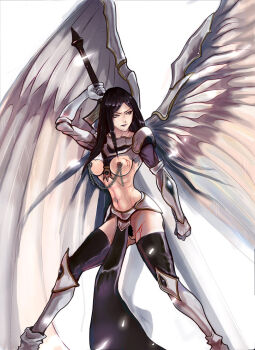 1girl akroma angel armor black_eyes black_hair breasts female_focus female_pubic_hair linked_piercing long_hair magic:_the_gathering mikazuki_shigure nipple_chain nipple_piercing nipples piercing pubic_hair pussy solo standing sword uncensored weapon wings