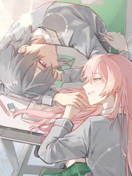 2girls bang_dream! bang_dream!_it&#039;s_mygo!!!!! chihaya_anon closed_mouth collared_shirt desk eraser green_skirt grey_eyes grey_hair grey_jacket haneoka_school_uniform highres holding_hands jacket long_hair multiple_girls notebook parted_lips pencil pink_eyes pink_hair school_desk school_uniform shirt short_hair sijietws skirt smile takamatsu_tomori white_shirt yuri