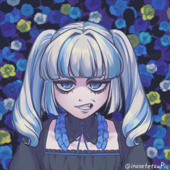 Rule 34 | album cover redraw, bags under eyes, black dress, blue eyes, blue flower, collar, commentary request, derivative work, detached collar, dress, floral background, flower, frilled collar, frills, grimace, half-closed eyes, highres, inose tetsu, inose tetsu (character), kinniku shoujo-tai, looking at viewer, multicolored hair, original, parody, portrait, sanpaku, straight-on, streaked hair, textless version, twintails, twitter username, white hair