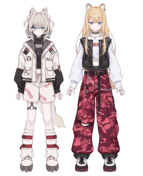 2girls absurdres animal_ear_piercing animal_ears black_streaks blue_eyes camouflage camouflage_pants choker closed_mouth commentary_request crossed_bangs dog_ears dog_girl double-parted_bangs grey_hair hair_between_eyes highres hood hood_down hoodie jacket jewelry kmnz lita_(kmnz) long_hair long_sleeves looking_at_viewer multicolored_hair multiple_girls multiple_rings no_name_ver1 pants red_pants ring shoes short_hair shorts simple_background sleeveless sleeveless_jacket streaked_hair tina_(kmnz) virtual_youtuber white_background white_hoodie white_jacket white_shoes white_shorts