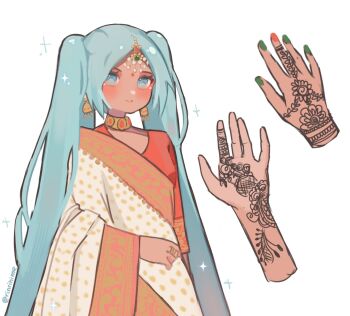 1girl alternate_skin_color aqua_eyes aqua_hair breasts commentary dark-skinned_female dark_skin earrings facial_mark forehead_mark green_nails hatsune_miku henna highres indian indian_clothes indian_style jewelry neck_ribbon orange_nails ribbon ring rinrihime sari sari sitting small_breasts solo sparkle twintails twitter_username vocaloid worldwide_miku