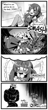 +_+ 1boy 1girl absurdres anonymous_(4chan) bait_and_switch blood commentary controller crying disappointed dress english_text eyeball fake_horns fallenshadow flat_chest guro hair_ornament hairclip hammer helmet highres holding holding_controller horned_helmet horns indian_style indie_virtual_youtuber kiirokuma lying meme muscular muscular_male nintendo_switch on_back pillow pomf_(meme) sad shirt sitting sledgehammer streaming_tears t-shirt tears virtual_youtuber