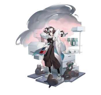 1girl animal arknights arms_up bottle brown_eyes brown_hair brown_legwear brown_overalls brown_pants choker coat commentary elite_ii_(arknights) fingerless_gloves full_body gloves goggles goggles_on_head gun hair_between_eyes highres holding holding_brush holding_gun holding_weapon id_card looking_at_viewer machine maipianvale makeup_brush making-of_available nail_gun open_clothes open_coat otter overalls pants parted_lips roberta_(arknights) shelf shirt short_hair simple_background sleeveless sleeveless_shirt smoke solo weapon white_background white_choker white_coat white_footwear white_gloves white_shirt