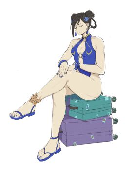 1girl alternate_costume ankle_scrunchie black_hair blue_nails blue_one-piece_swimsuit blue_sandals breasts buzzo capcom center_opening chun-li closed_eyes collarbone crossed_legs curvy double_bun earrings flower full_body hair_bun hair_flower hair_ornament hair_rings hands_on_own_knee highleg highleg_one-piece_swimsuit highres jewelry nail_polish official_alternate_costume one-piece_swimsuit sandals scrunchie simple_background sitting sitting_on_object solo street_fighter street_fighter_6 swimsuit wide_hips wrist_scrunchie