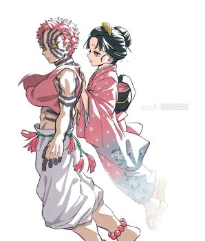 Rule 34 | 1boy, 1girl, absurdres, akaza (kimetsu no yaiba), anklet, bare shoulders, bead anklet, beads, black hair, blue sclera, body markings, colored sclera, comb, cropped vest, demon boy, facial mark, floating, flower-shaped pupils, hair bun, hands on another's back, highres, japanese clothes, jewelry, kimetsu no yaiba, kimono, koyuki (kimetsu no yaiba), midriff, noah (rokoroko), pants, pink hair, pink kimono, pink vest, polka dot, polka dot kimono, sandals, short hair, symbol-shaped pupils, tabi, tears, twitter username, updo, vest, white pants, yellow eyes