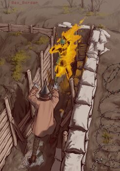 2boys absurdres bag barbed_wire bare_tree bex_border burning coat colored_skin combat_helmet commentary english_commentary fire gas_mask grass grey_skin gun helmet highres magic male_focus mask multiple_boys original pyrokinesis tree trench trench_coat war weapon world_war_i